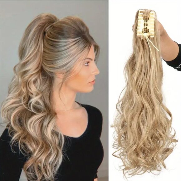 Gorgeous synthetic long fall and a bright blonde easy to attach to a ponytail